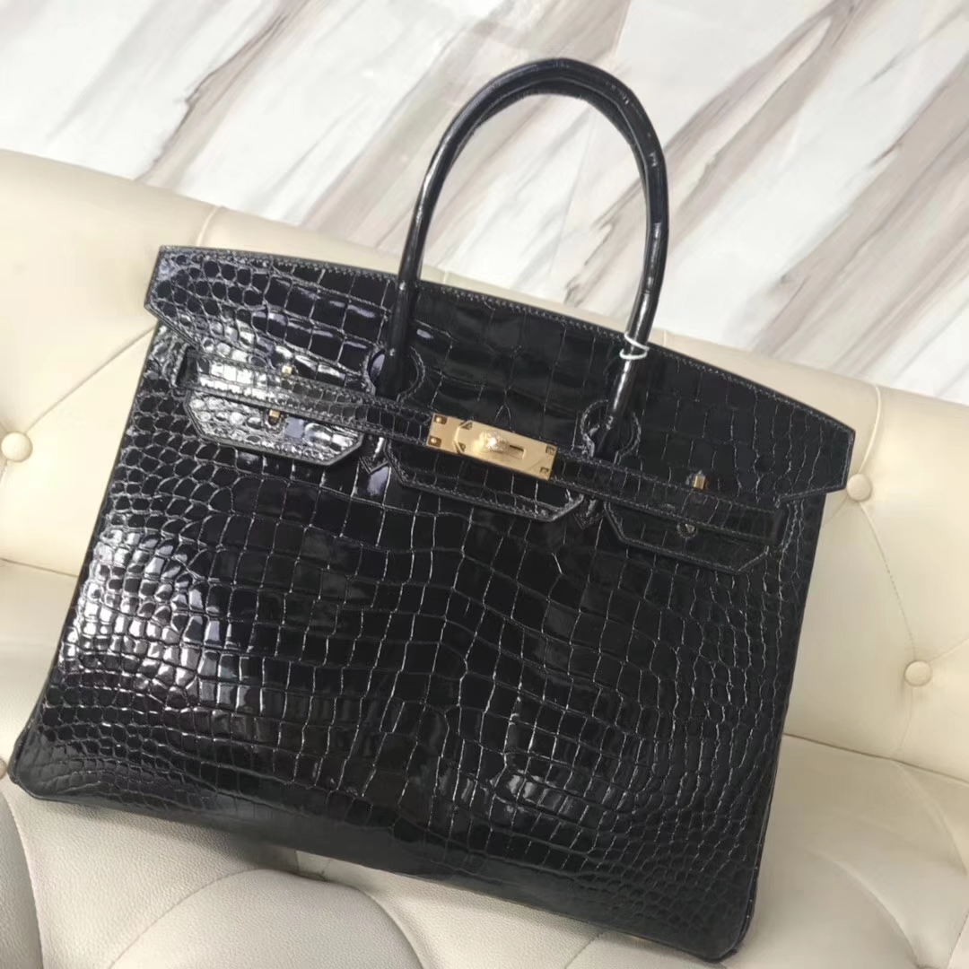 Hermès（爱马仕）Birkin35cm Porosus shiny 亮面澳洲湾鳄 ck89 黑色 金扣