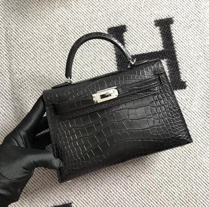 Hermès（爱马仕）Mini Kelly迷你凯莉包 美洲黑雾面 银扣 2代