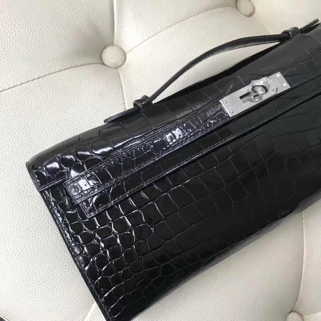 Hermès(爱马仕)Kelly cut 31cm porosus shiny 亮面鳄鱼 ck89 黑色 银扣-拉尔森鳄鱼皮具定制 - 爱马仕包包官网 Hermès(爱马仕)Kelly cut 31cm porosus shiny 亮面鳄鱼 ck89 黑色 银扣