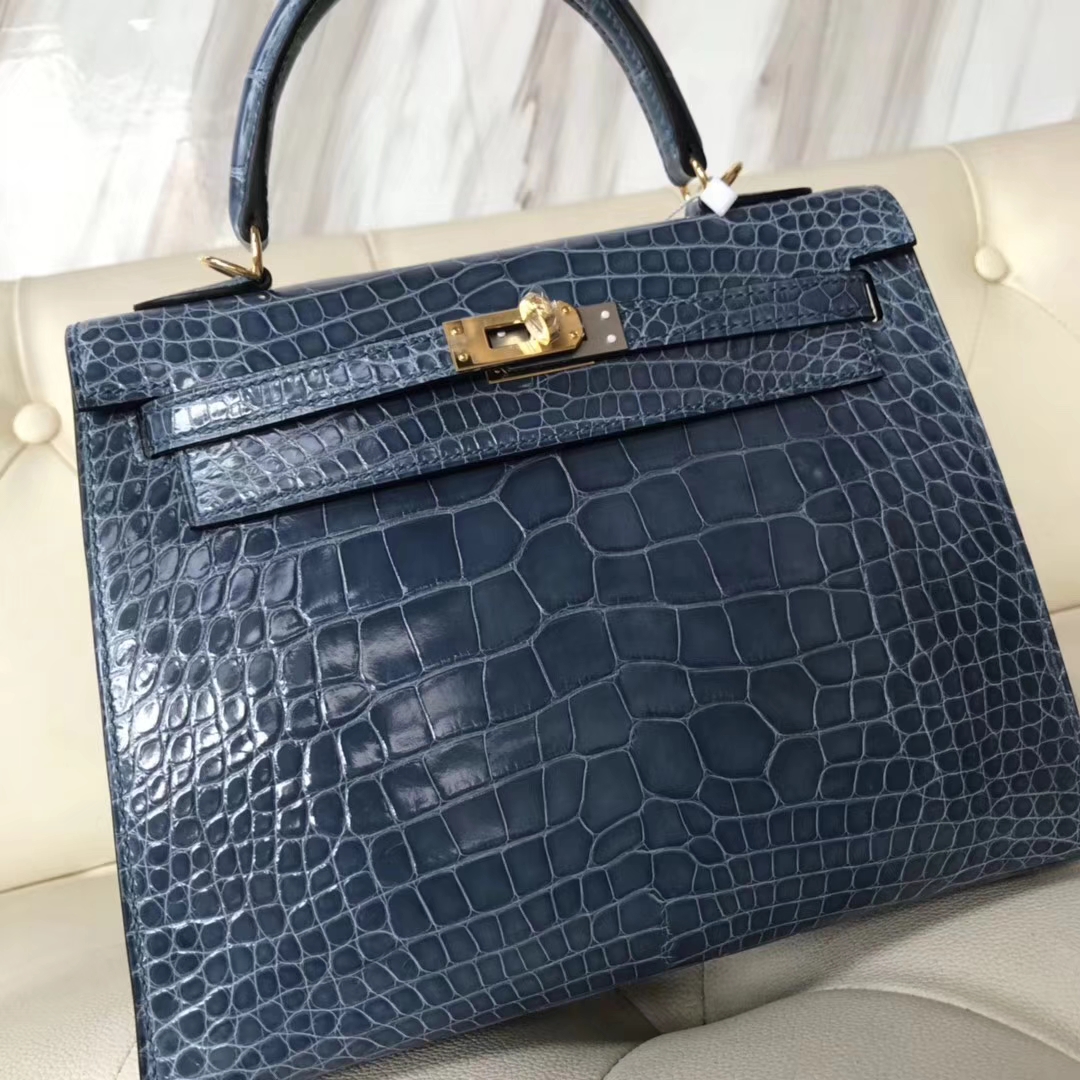 Hermès（爱马仕）Kelly25cm Alligator shiny 亮面鳄鱼 7N 风暴蓝 金扣