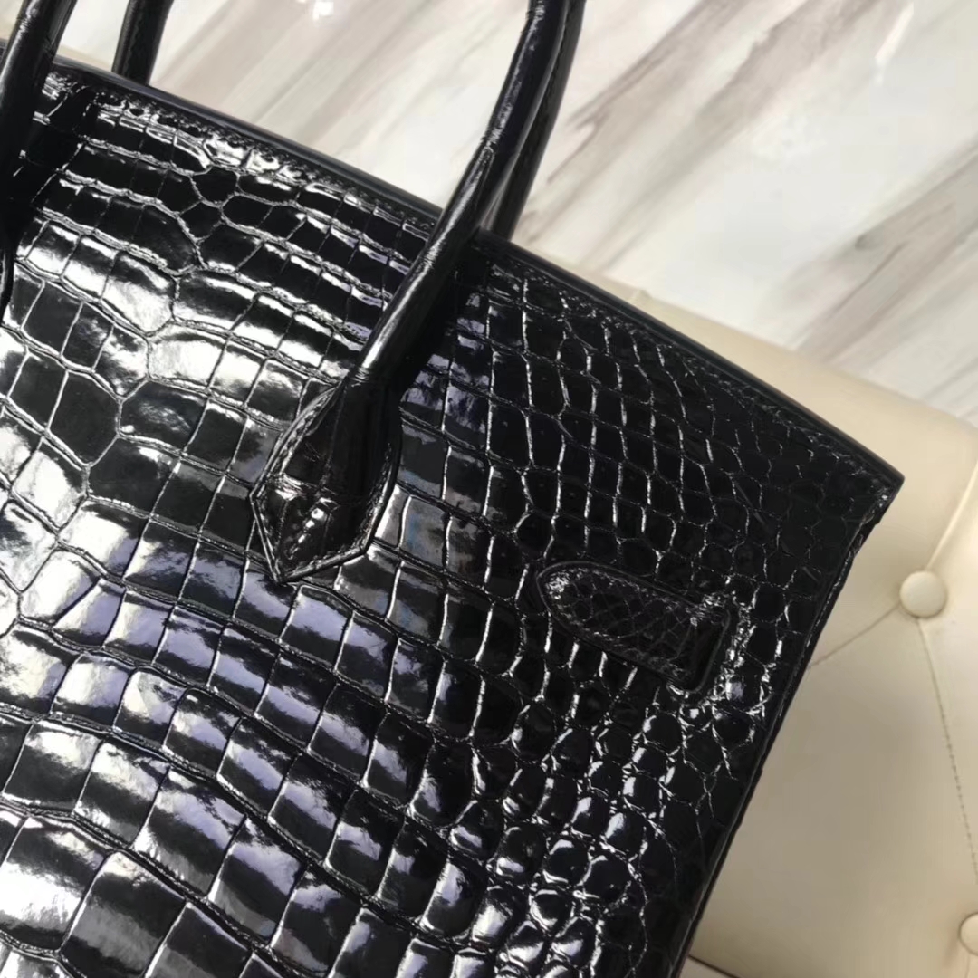 Hermès（爱马仕）Birkin35cm Porosus shiny 亮面澳洲湾鳄 ck89 黑色 金扣