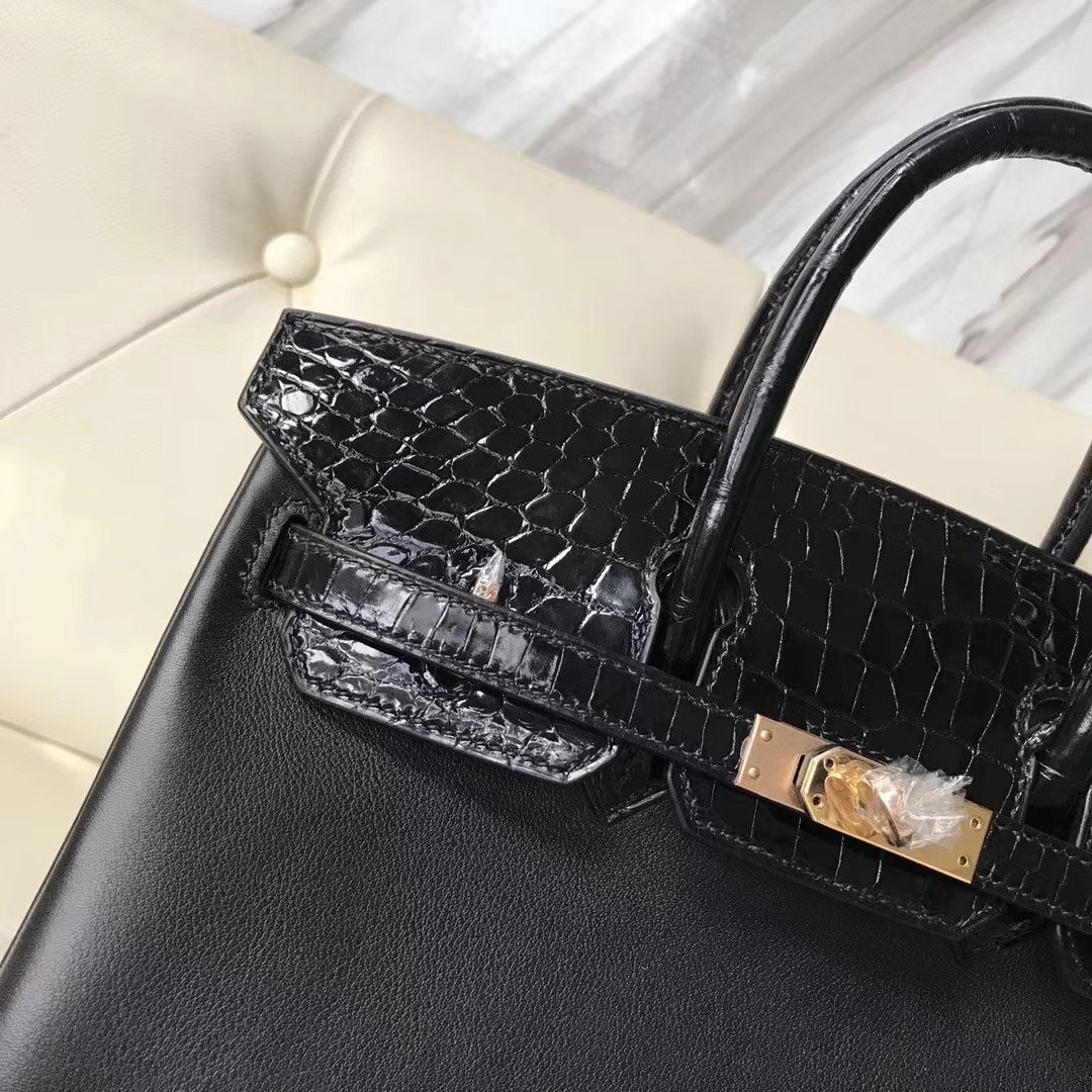 Hermès（爱马仕）Birkin25cm Swift 亮面鳄鱼 黑色 玫瑰金 Rose gold