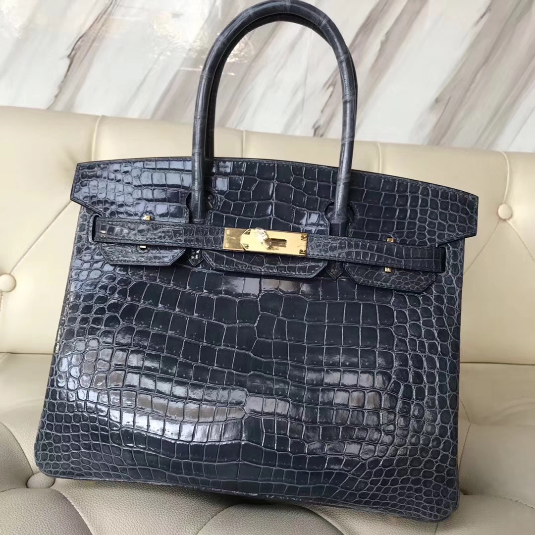Hermès（爱马仕）Birkin30cm shiny porosus crocodile 澳洲湾鳄 N7风暴蓝 蜡线全手工 金扣