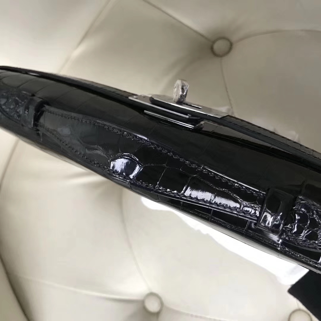 Hermès（爱马仕）Kelly cut 31cm porosus shiny 亮面鳄鱼 ck89 黑色 银扣