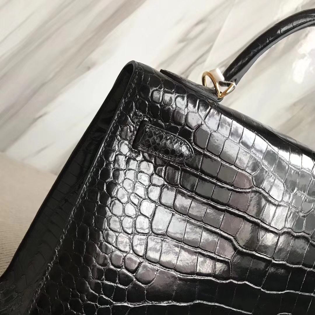 Hermès（爱马仕）Kelly32cm Porosus shiny 亮面澳洲湾鳄 ck89 黑色 金扣
