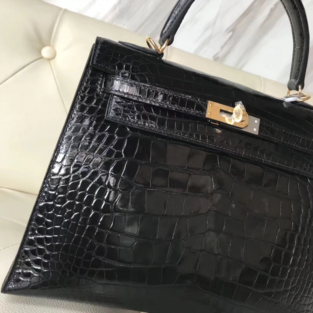Hermès（爱马仕）Kelly25cm Alligator shiny 亮面鳄鱼 ck89 黑色 dior 金扣