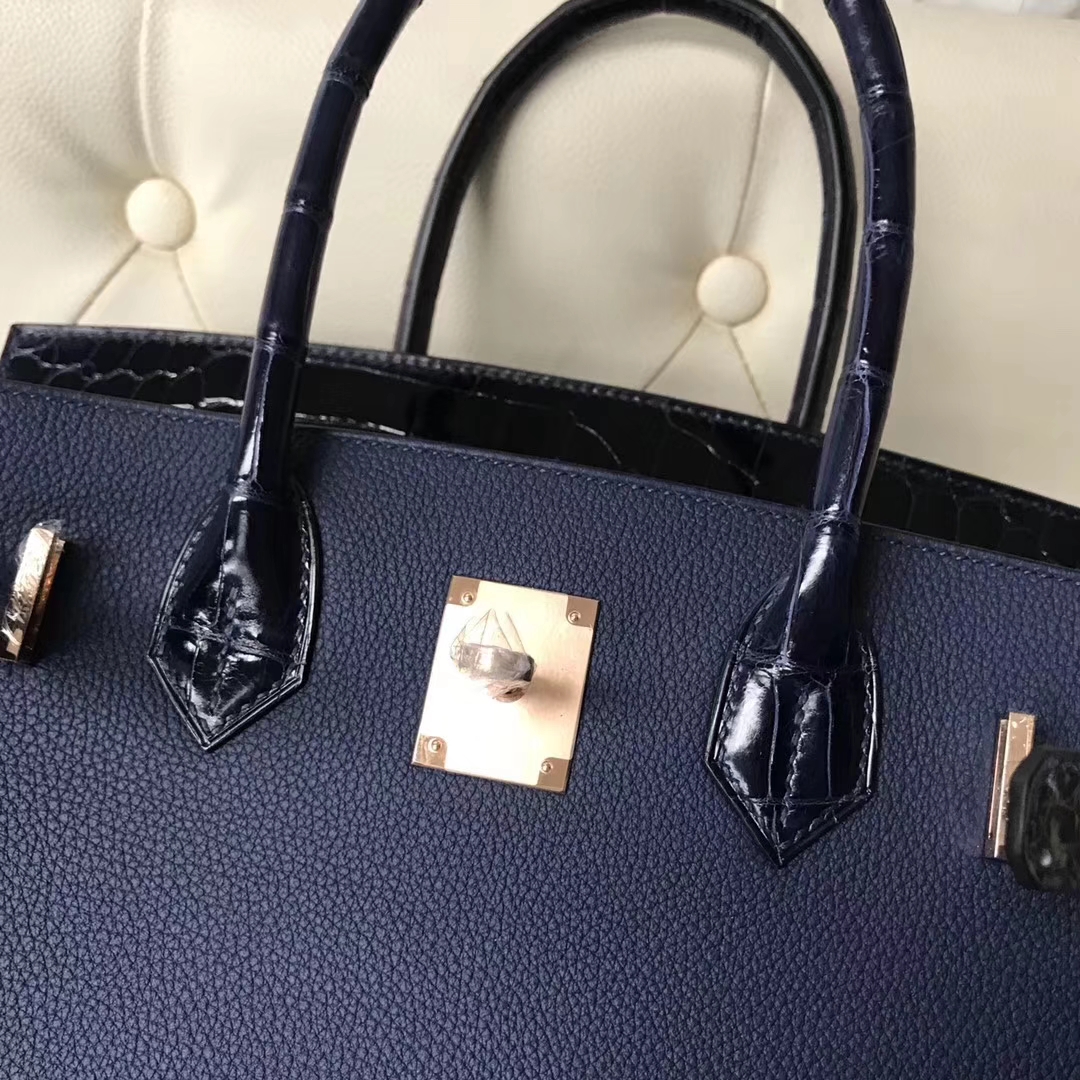 Hermès（爱马仕）Birkin30cm togo ck37宝石蓝拼亮面鳄鱼 ck78深海蓝 顶级工艺 蜡线全手工 玫瑰金