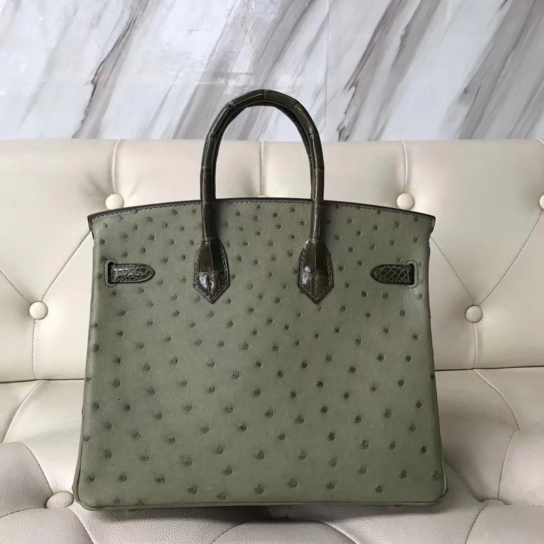 Hermès（爱马仕）Birkin25cm ostrich kk鸵鸟皮 v6丛林绿拼亮面橄榄绿鳄鱼内拼 I9杏黄色 蜡线全手工 金扣