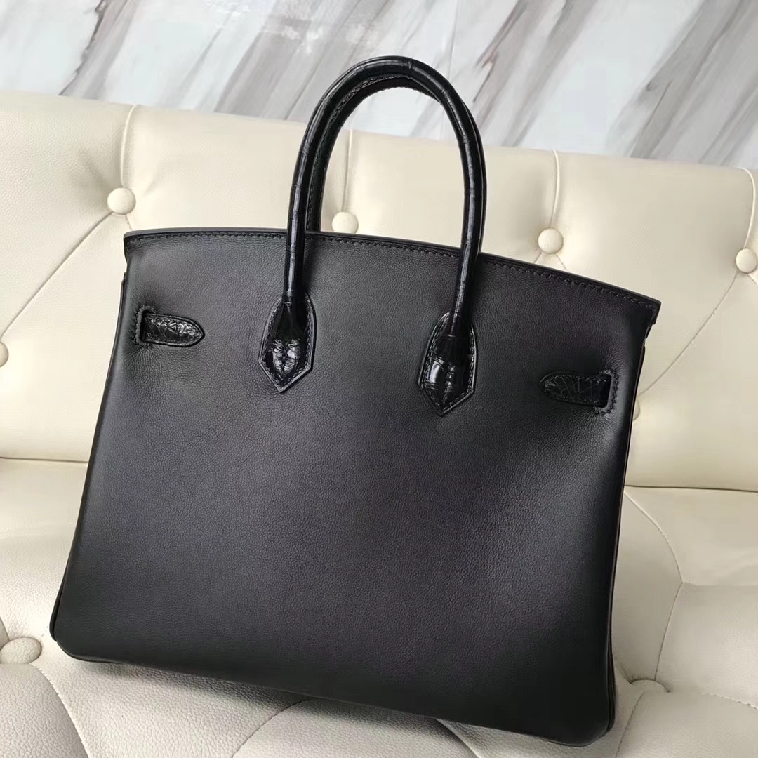 Hermès（爱马仕）Birkin25cm Swift 亮面鳄鱼 黑色 玫瑰金 Rose gold