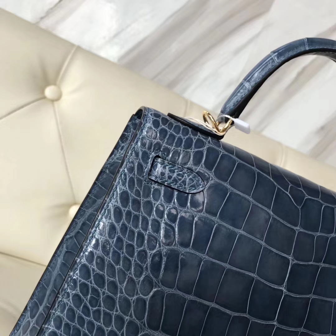 Hermès（爱马仕）Kelly25cm Alligator shiny 亮面鳄鱼 7N 风暴蓝 金扣