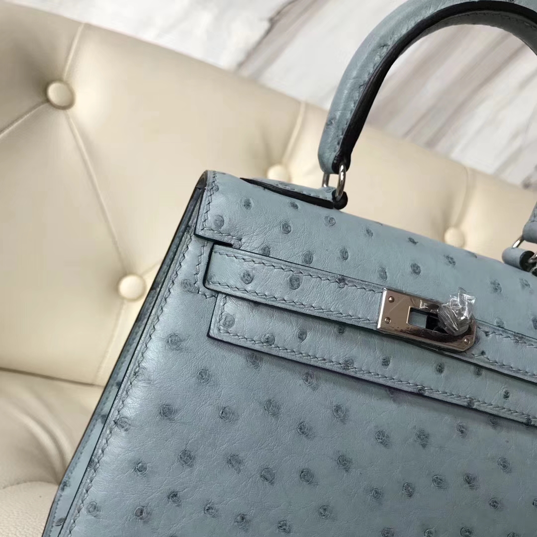 Hermès（爱马仕）Kelly 20cm 大耳朵 kk鸵鸟皮 8U冰川蓝 银扣 接受定制