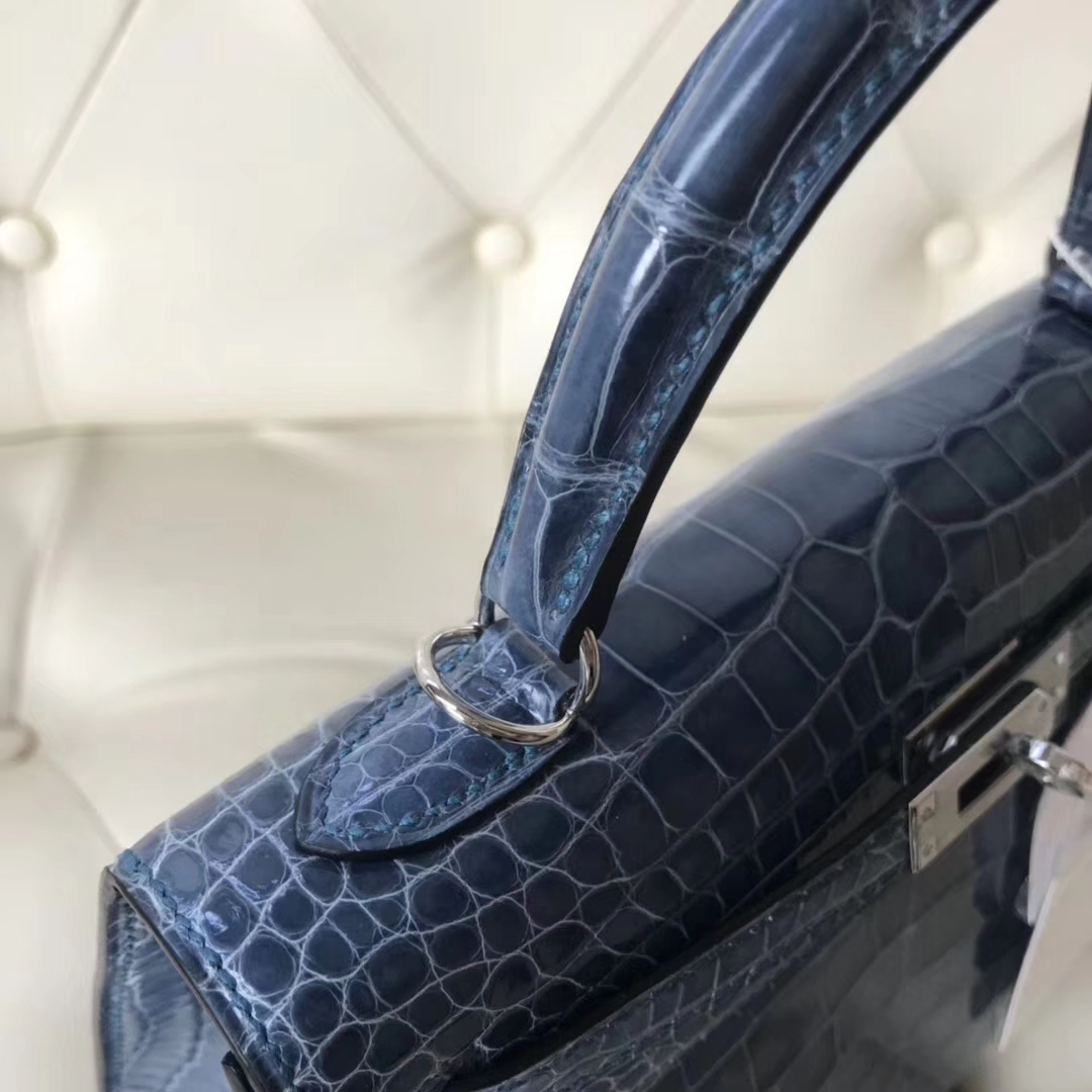 Hermès（爱马仕）Kelly25cm Alligator shiny 亮面鳄鱼 7N 风暴蓝 银扣