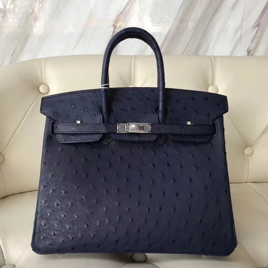 Hermès（爱马仕）Birkin25cm ostrich kk鸵鸟 顶级鸵鸟皮 ck73宝石蓝 蜡线全手工 银扣