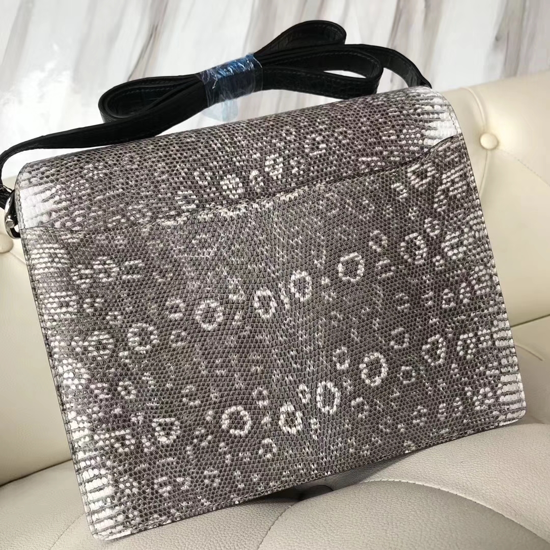 Hermès（爱马仕）Roulis 23cm 01自然色蜥蜴 拼 1T 泰坦绿 雾面框框鳄鱼 银扣