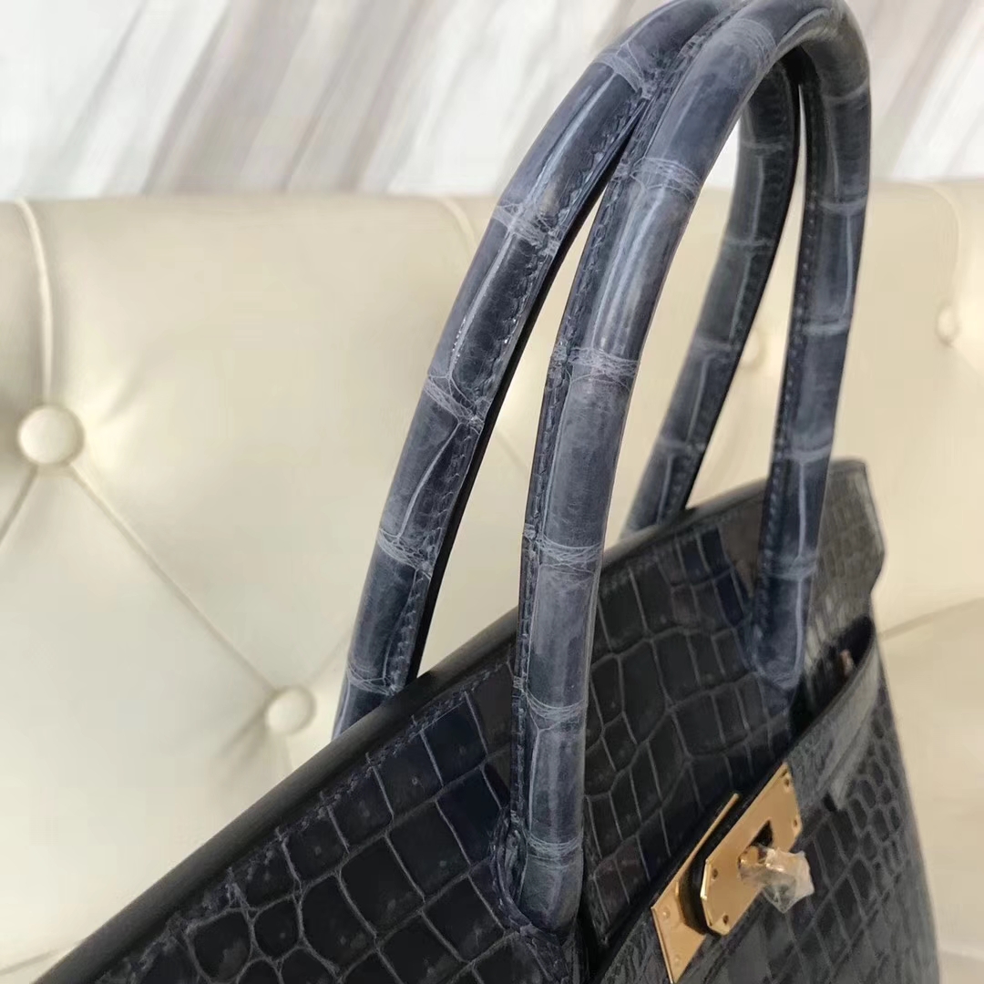 Hermès（爱马仕）Birkin30cm shiny porosus crocodile 澳洲湾鳄 N7风暴蓝 蜡线全手工 金扣