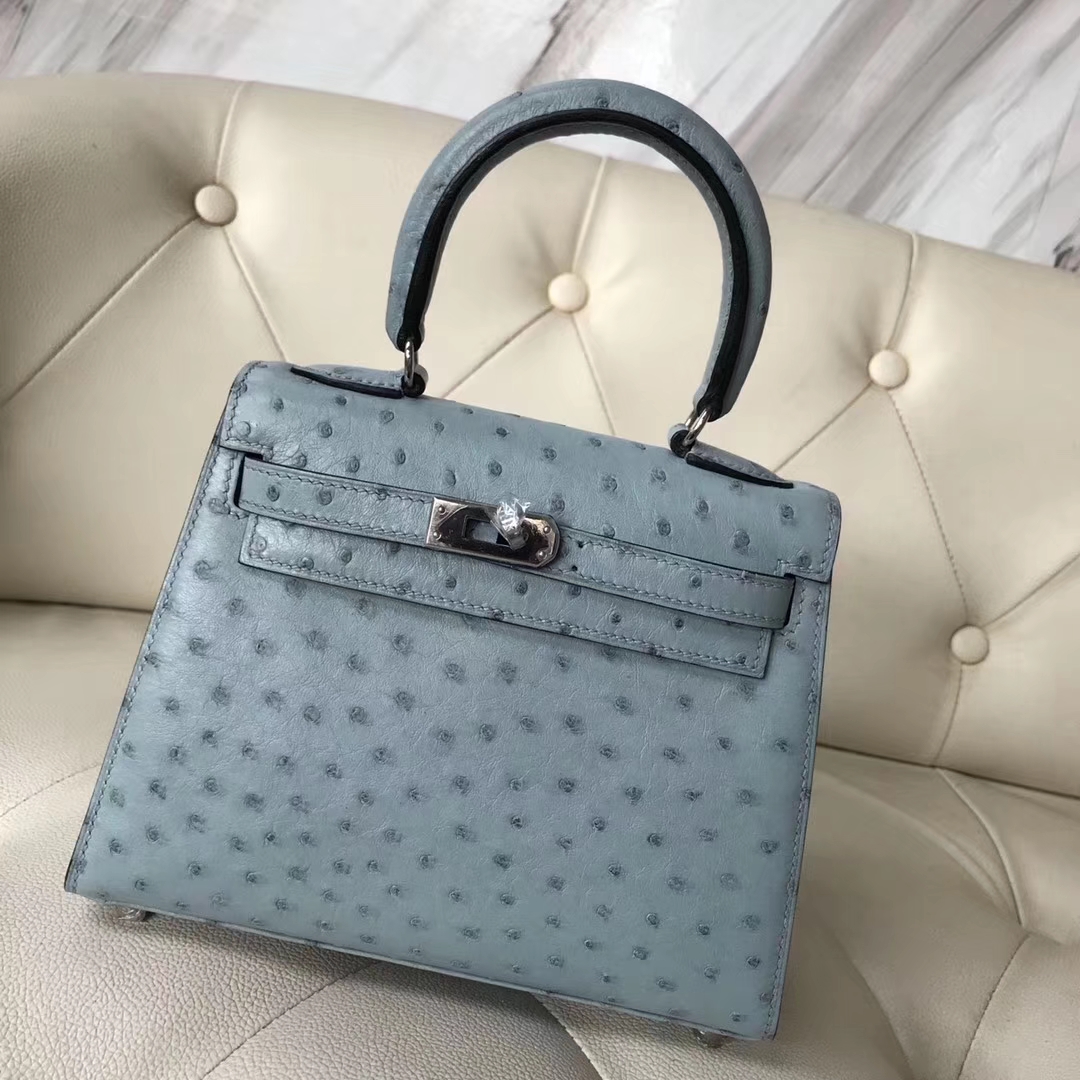 Hermès(爱马仕)Kelly 20cm 大耳朵 kk鸵鸟皮 8U冰川蓝 银扣 接受定制-拉尔森鳄鱼皮具定制 - 爱马仕包包官网 Hermès(爱马仕)Kelly 20cm 大耳朵 kk鸵鸟皮 8U冰川蓝 银扣 接受定制
