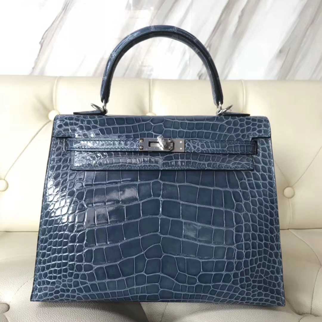 Hermès（爱马仕）Kelly25cm Alligator shiny 亮面鳄鱼 7N 风暴蓝 银扣