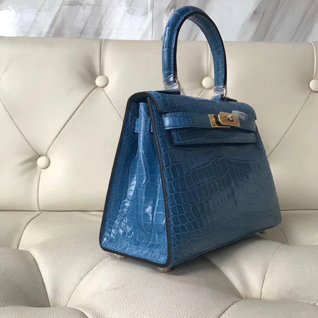 Hermès（爱马仕）Kelly 20cm shiny crocodile 亮面两点尼罗鳄 7Q希腊蓝 蜡线全手工 接受定制