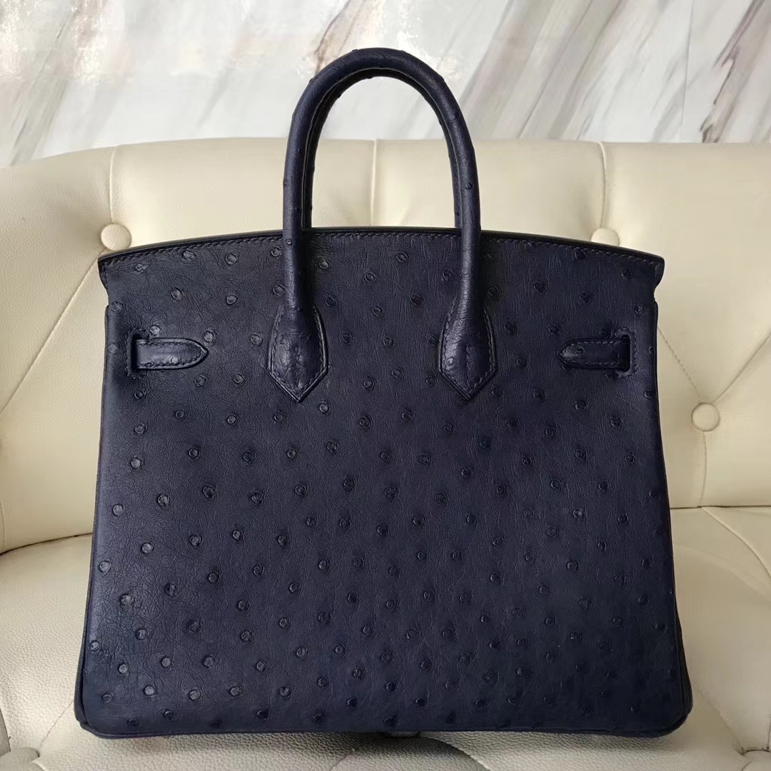 Hermès（爱马仕）Birkin25cm ostrich kk鸵鸟 顶级鸵鸟皮 ck73宝石蓝 蜡线全手工 银扣