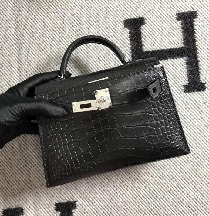 Hermès（爱马仕）Mini Kelly迷你凯莉包 美洲黑雾面 银扣 2代