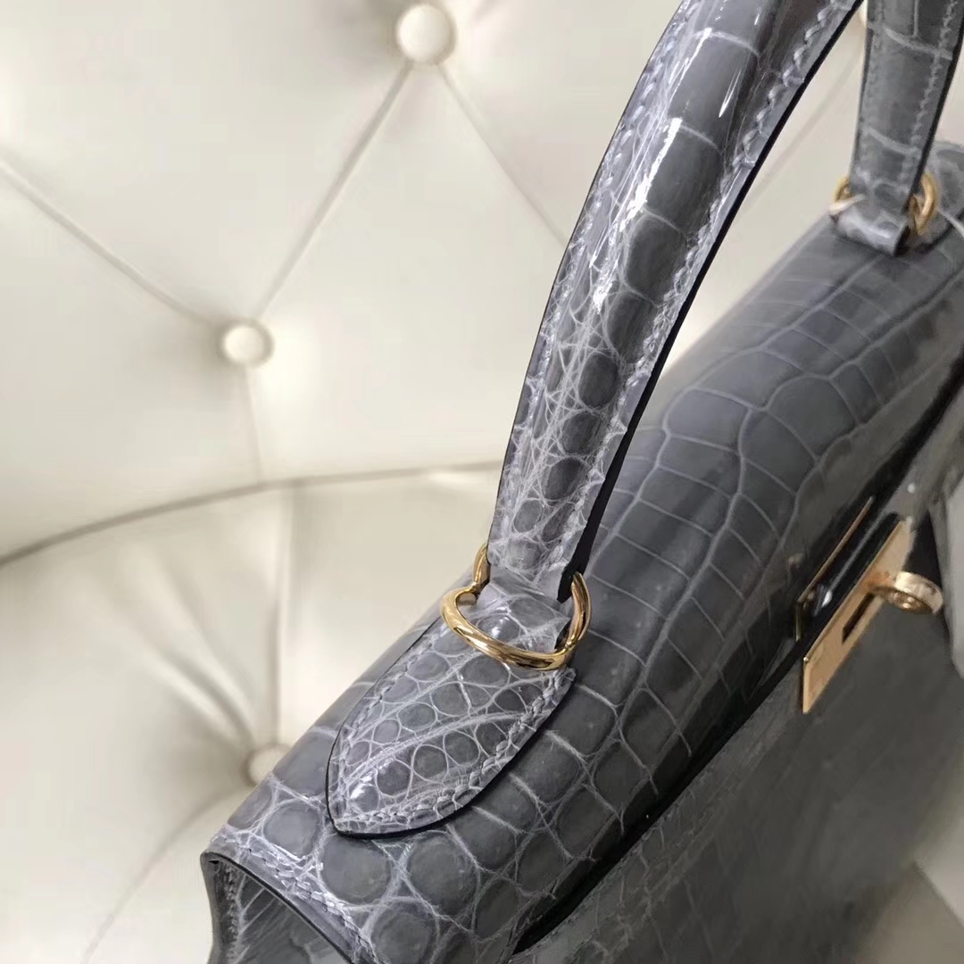 Hermès（爱马仕）Kelly28cm shiny nilo crocodile 8U冰川蓝 顶级工艺 蜡线全手工 金扣