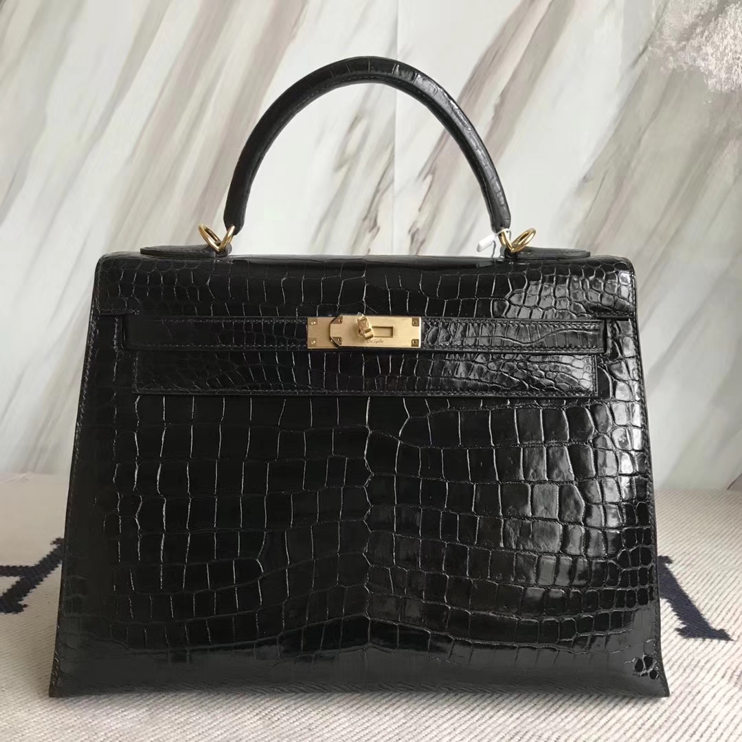 Hermès（爱马仕）Kelly32cm Porosus shiny 亮面澳洲湾鳄 ck89 黑色 金扣