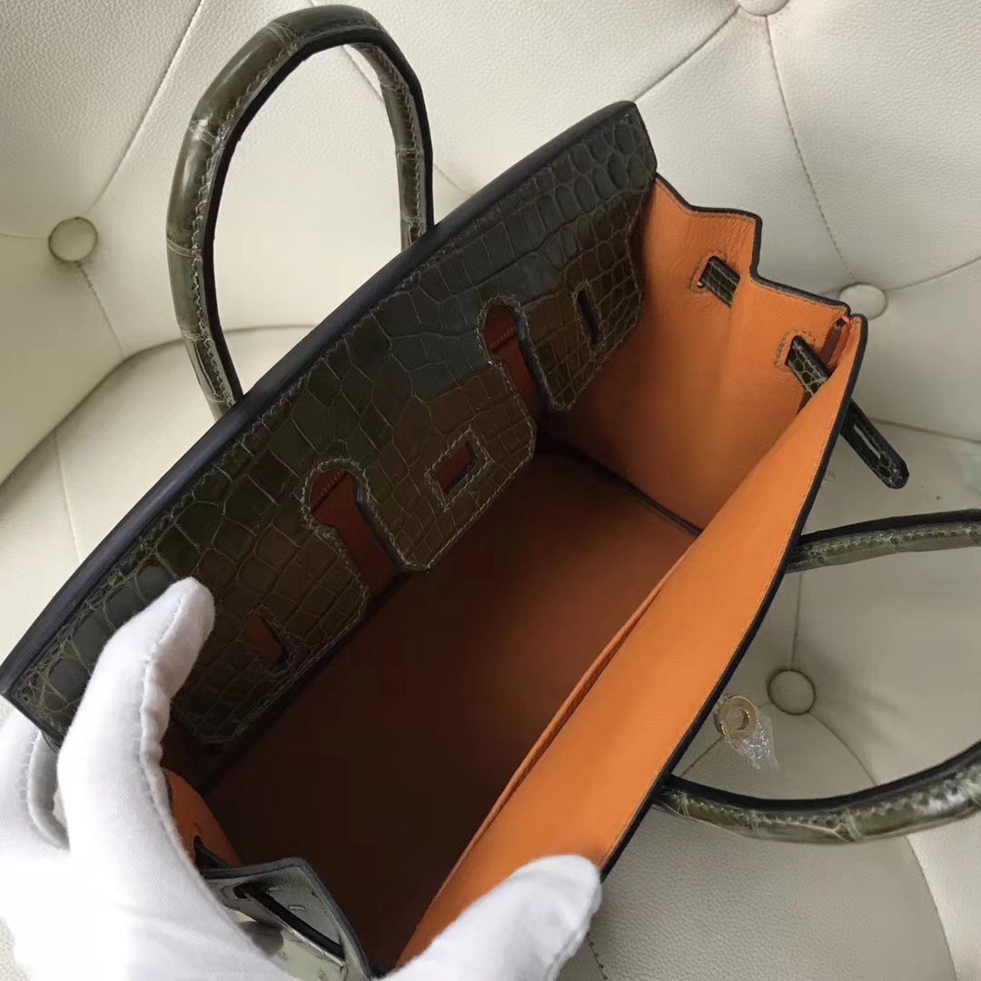 Hermès（爱马仕）Birkin25cm ostrich kk鸵鸟皮 v6丛林绿拼亮面橄榄绿鳄鱼内拼 I9杏黄色 蜡线全手工 金扣