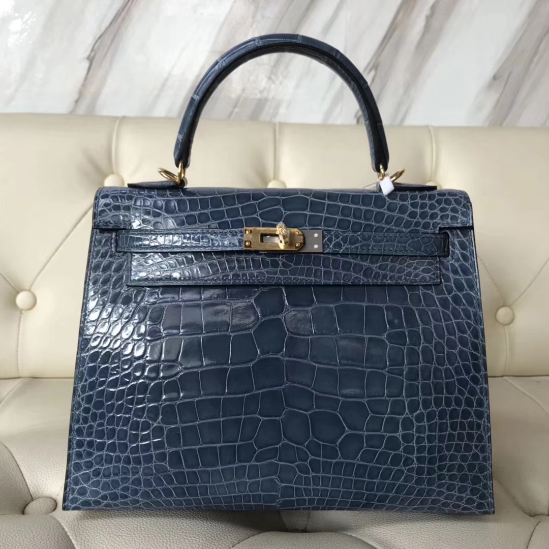 Hermès（爱马仕）Kelly25cm Alligator shiny 亮面鳄鱼 7N 风暴蓝 金扣