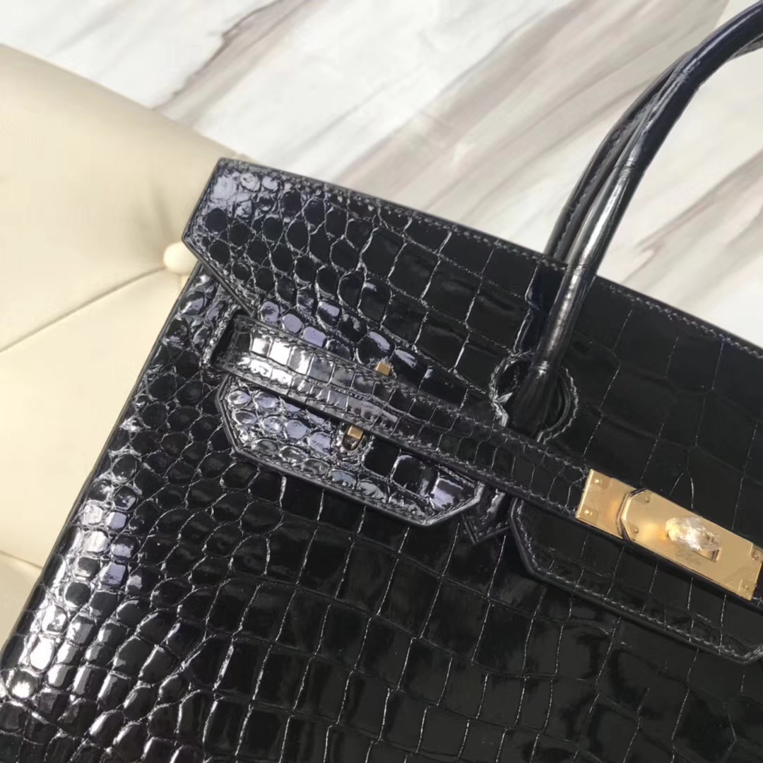 Hermès（爱马仕）Birkin35cm Porosus shiny 亮面澳洲湾鳄 ck89 黑色 金扣