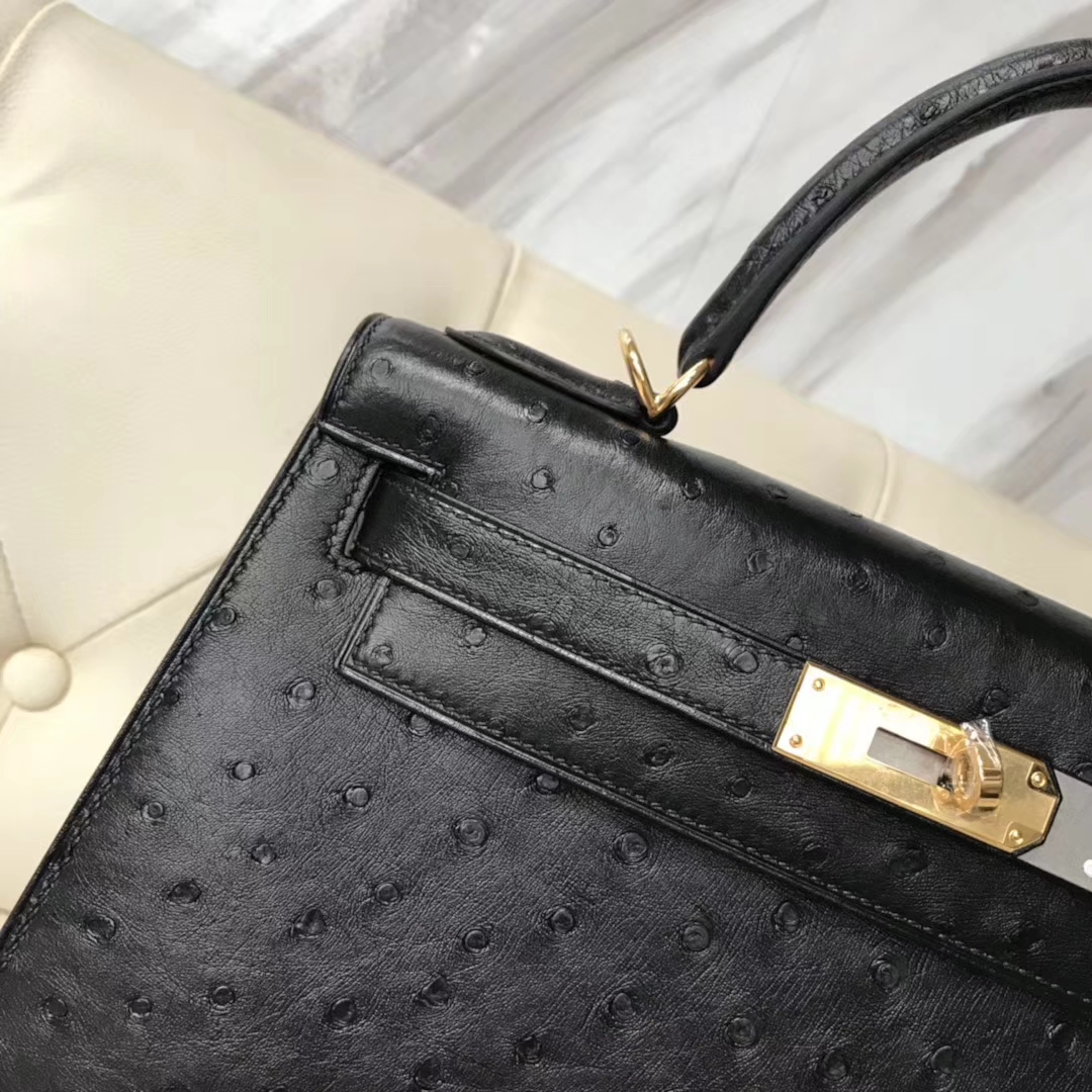 Hermès（爱马仕）Kelly28cm ostrich kk鸵鸟 顶级鸵鸟皮 ck89黑色 蜡线全手工 金扣一枚