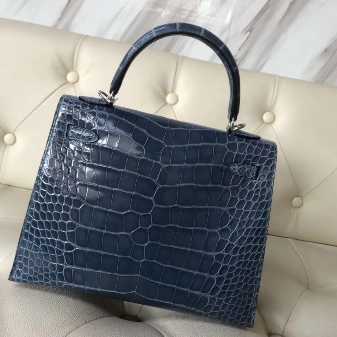 Hermès（爱马仕）Kelly25cm Alligator shiny 亮面鳄鱼 7N 风暴蓝 银扣