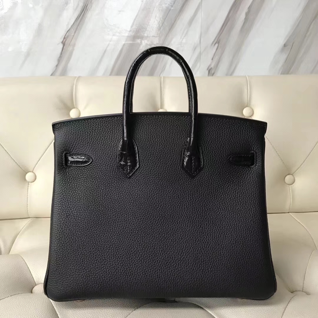 Hermès（爱马仕）Birkin25cm togo 鳄鱼 ck89 黑色  玫瑰金 Rose gold 定制款