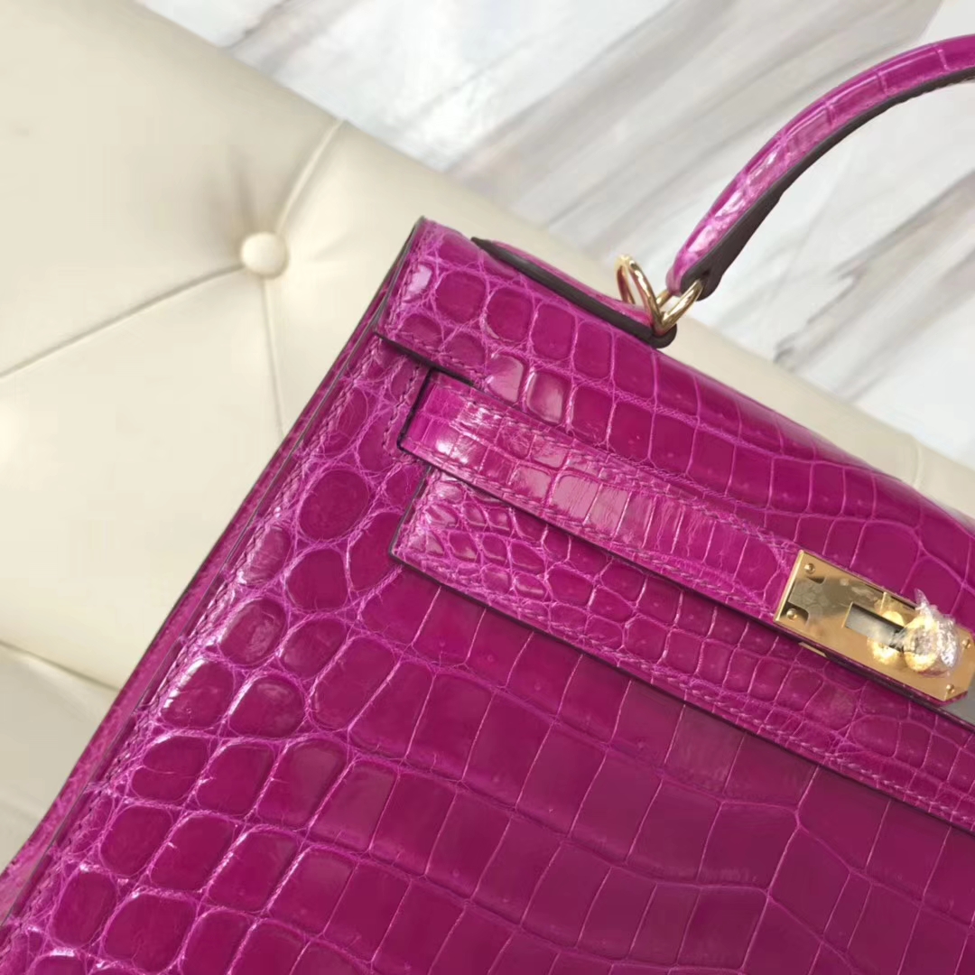 Hermès（爱马仕）Kelly28cm Crocodile shiny 亮面两点鳄鱼 J5 天方夜谭粉紫 金扣