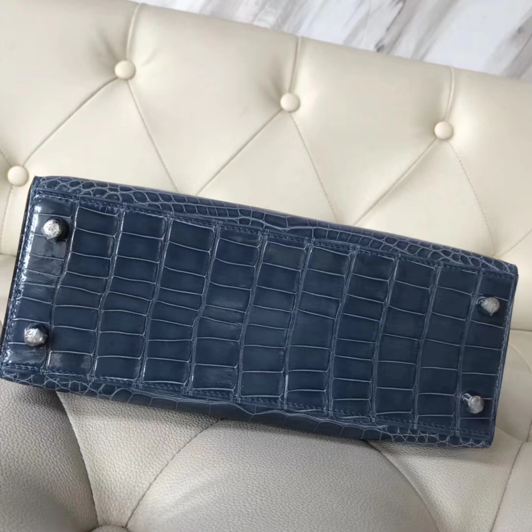 Hermès（爱马仕）Kelly25cm Alligator shiny 亮面鳄鱼 7N 风暴蓝 银扣