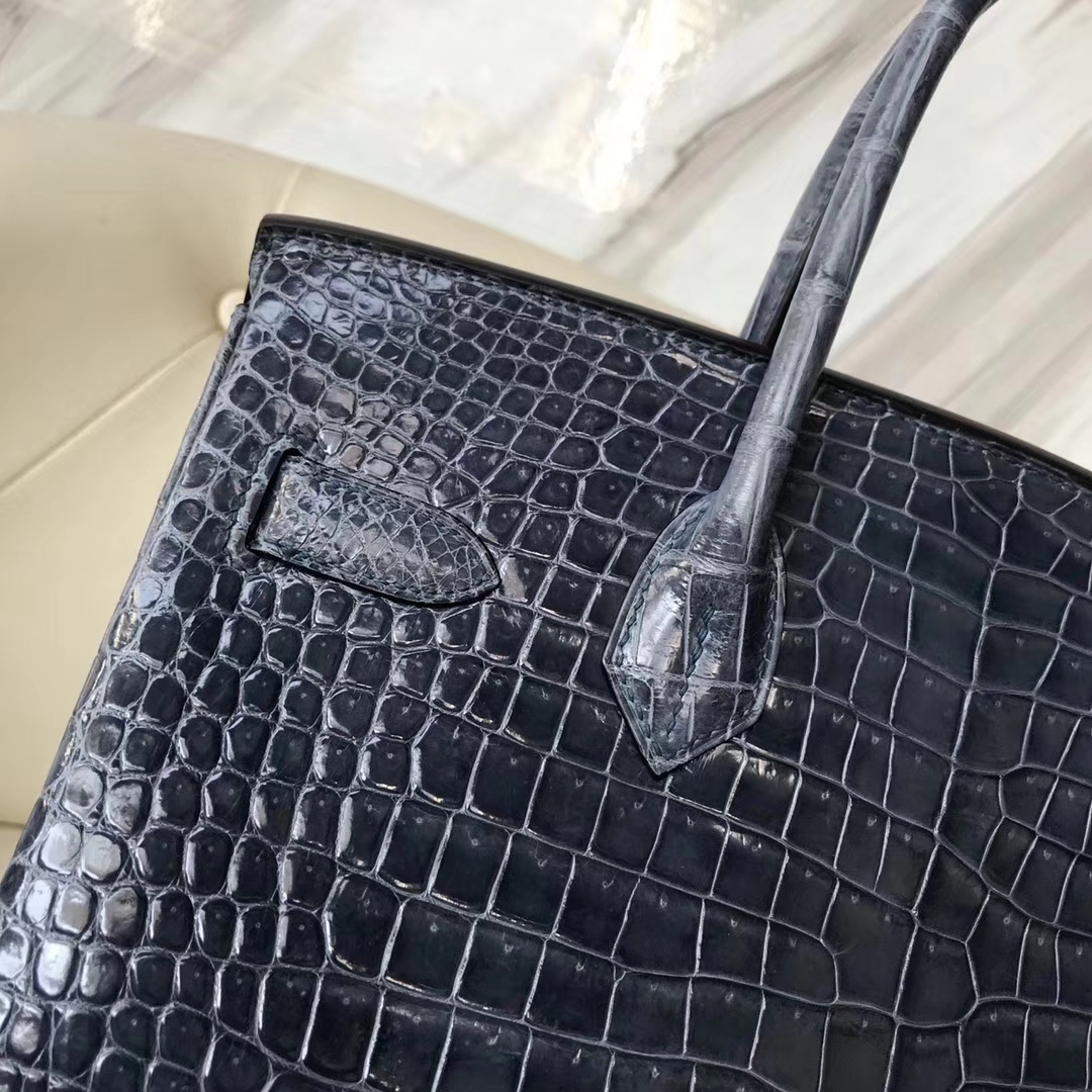 Hermès（爱马仕）Birkin30cm shiny porosus crocodile 澳洲湾鳄 N7风暴蓝 蜡线全手工 金扣
