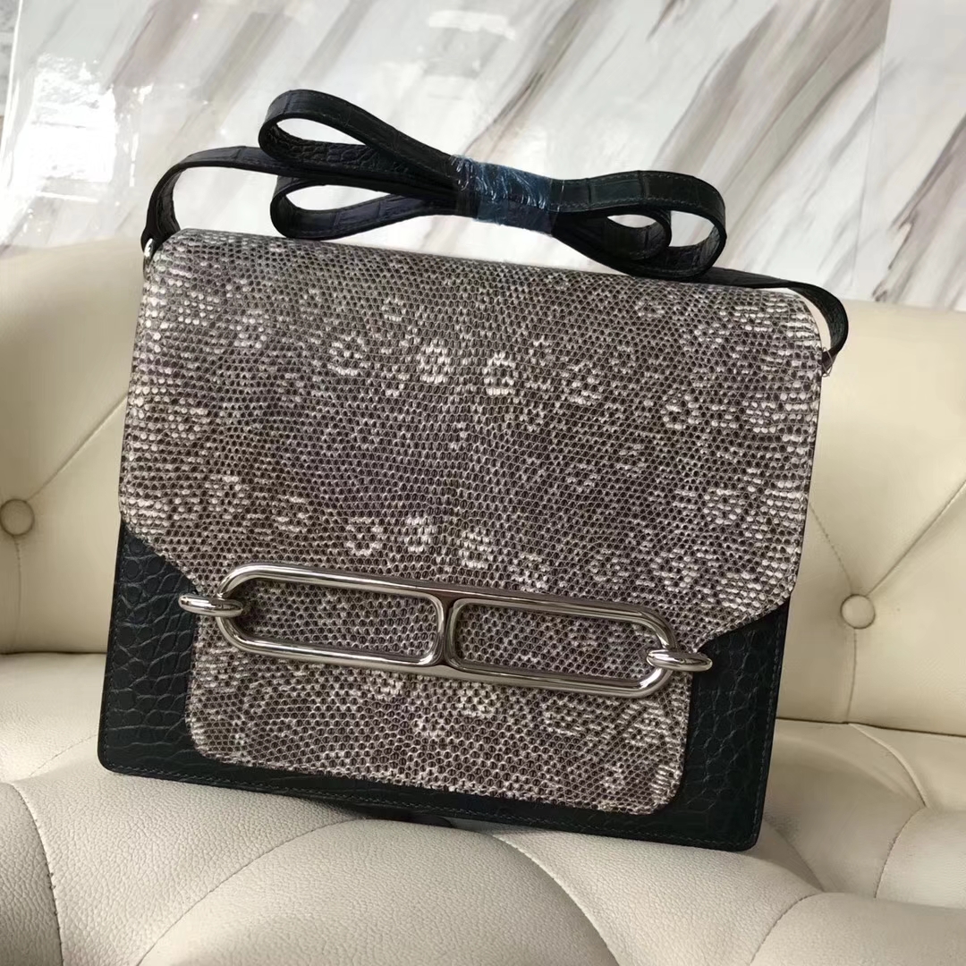 Hermès(爱马仕)Roulis 23cm 01自然色蜥蜴 拼 1T 泰坦绿 雾面框框鳄鱼 银扣-拉尔森鳄鱼皮具定制 - 爱马仕包包官网 Hermès(爱马仕)Roulis 23cm 01自然色蜥蜴 拼 1T 泰坦绿 雾面框框鳄鱼 银扣