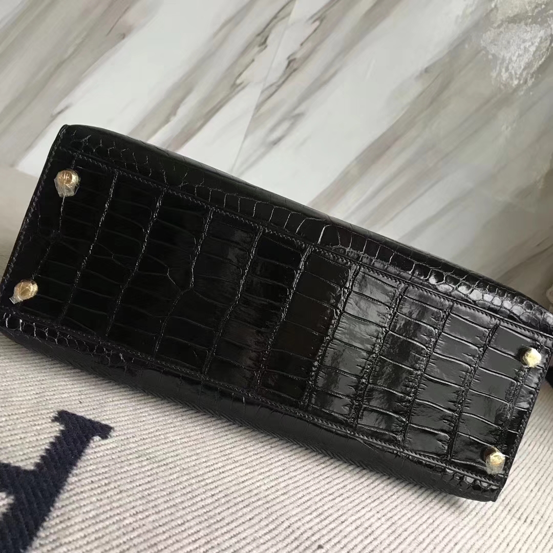 Hermès（爱马仕）Kelly32cm Porosus shiny 亮面澳洲湾鳄 ck89 黑色 金扣