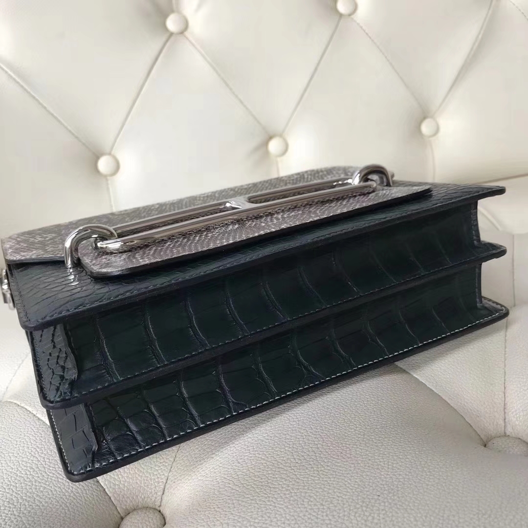 Hermès（爱马仕）Roulis 23cm 01自然色蜥蜴 拼 1T 泰坦绿 雾面框框鳄鱼 银扣