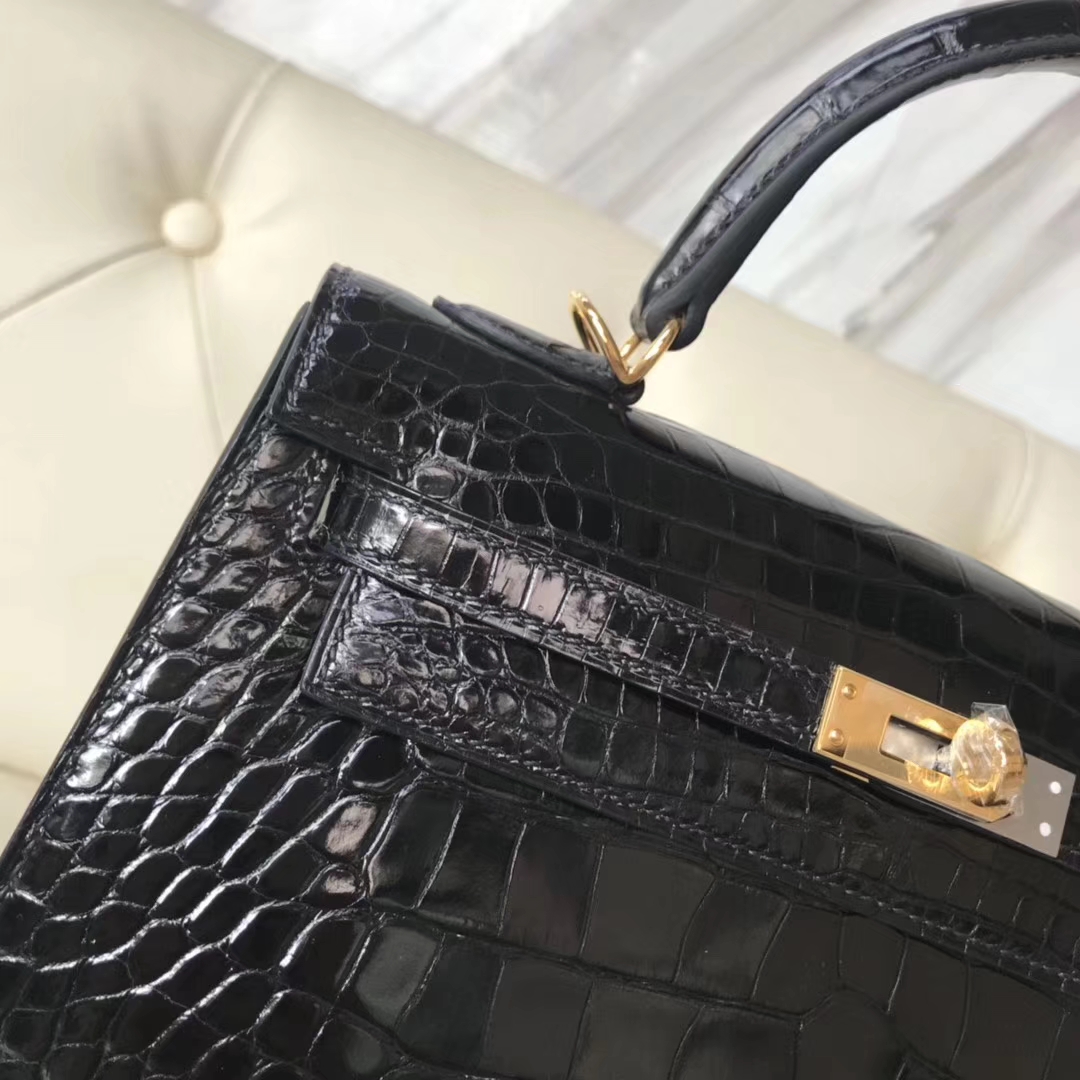 Hermès（爱马仕）Kelly25cm Alligator shiny 亮面鳄鱼 ck89 黑色 dior 金扣