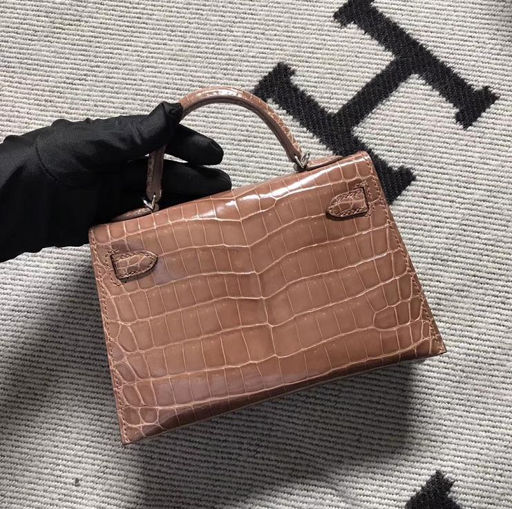 Hermès（爱马仕）Minikelly ll Alligator shiny 亮面鳄鱼 6Ｑ 褐色 银扣