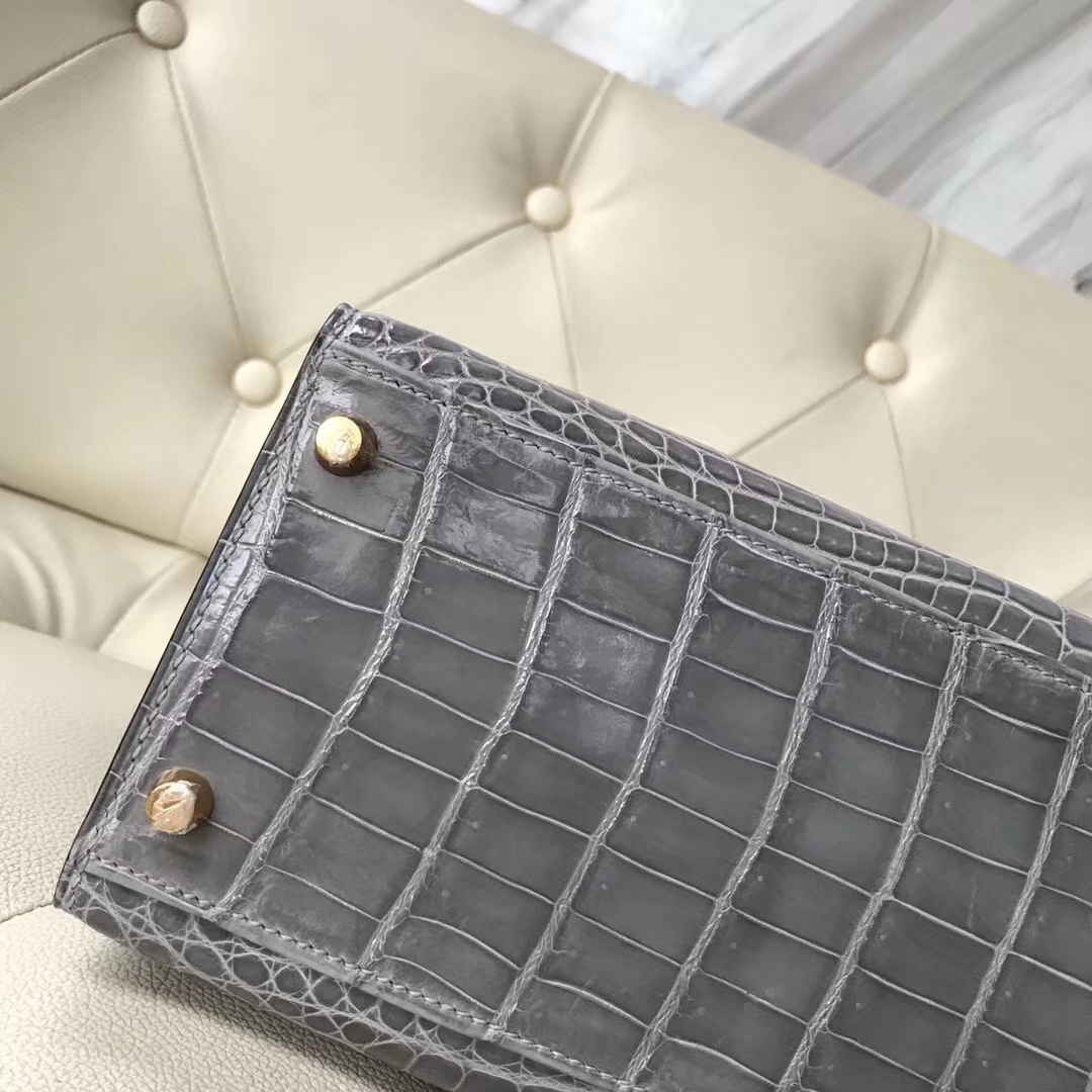 Hermès（爱马仕）Kelly28cm shiny nilo crocodile 8U冰川蓝 顶级工艺 蜡线全手工 金扣