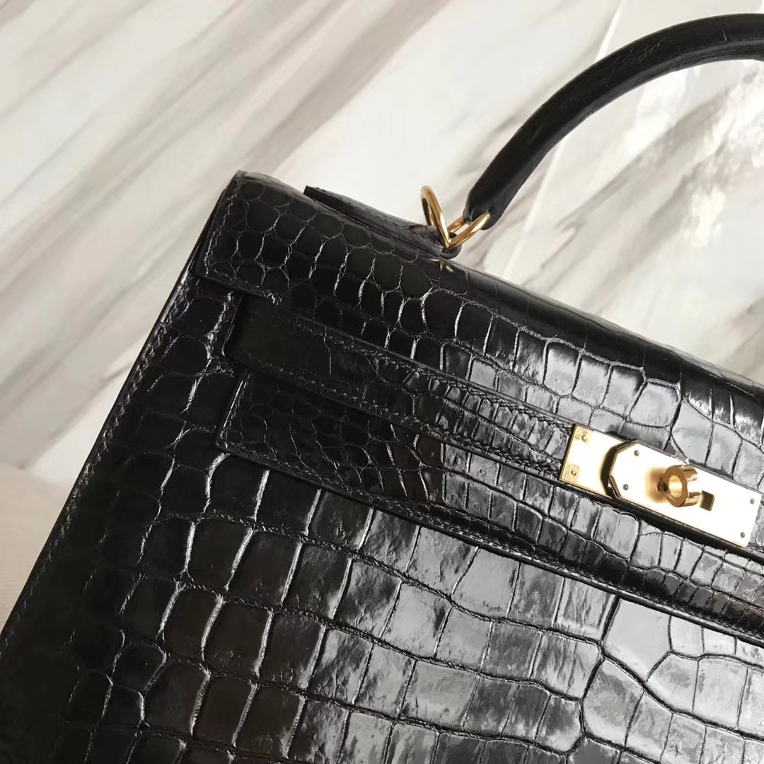 Hermès（爱马仕）Kelly32cm Porosus shiny 亮面澳洲湾鳄 ck89 黑色 金扣