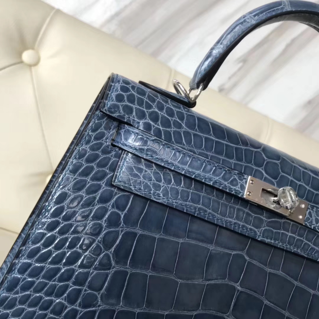 Hermès（爱马仕）Kelly25cm Alligator shiny 亮面鳄鱼 7N 风暴蓝 银扣