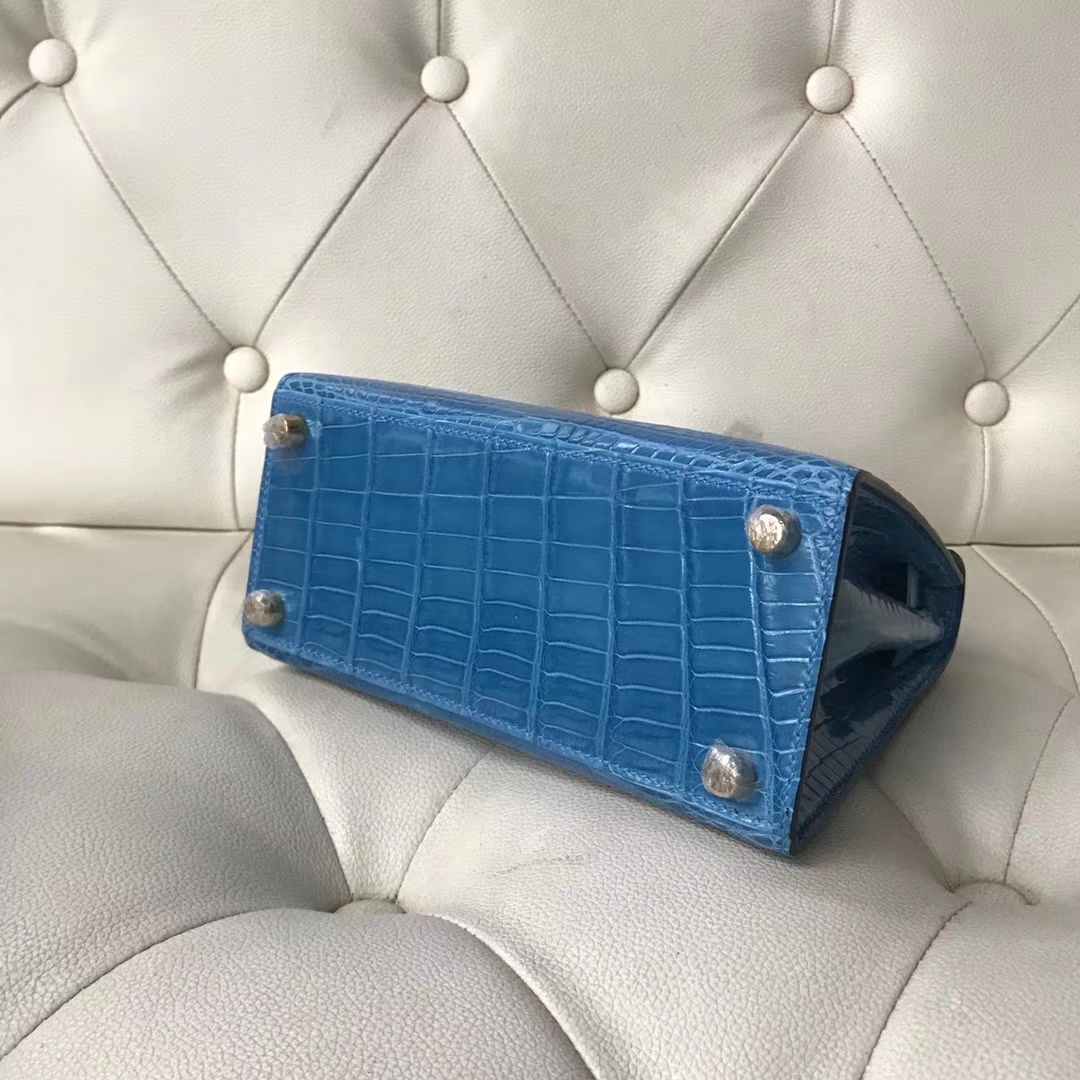 Hermès（爱马仕）Kelly 20cm shiny crocodile 亮面两点尼罗鳄 7Q希腊蓝 蜡线全手工 接受定制