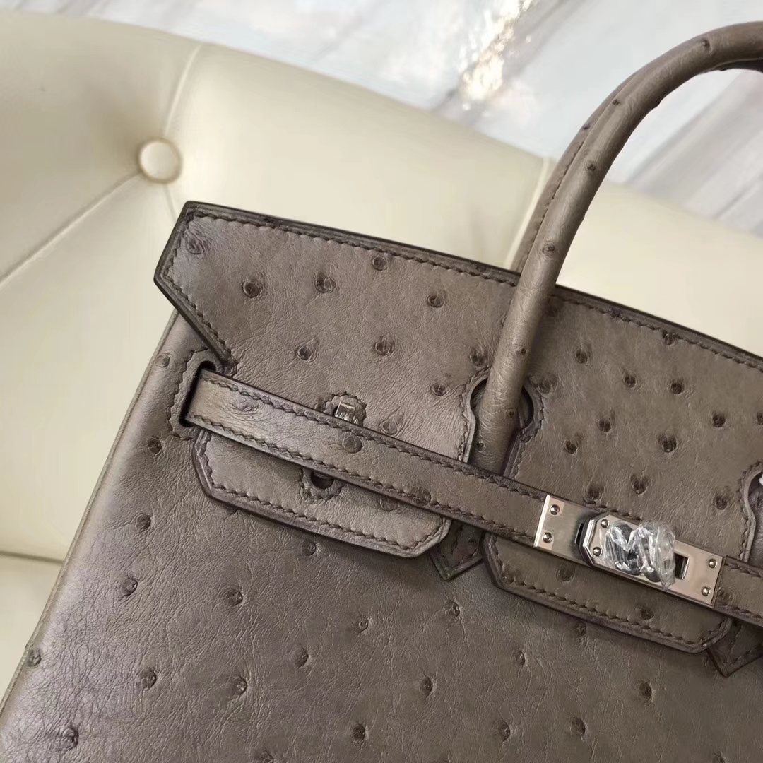 Hermès（爱马仕）Birkin25cm ostrich kk鸵鸟 顶级鸵鸟皮 ck18大象灰 蜡线全手工 银扣