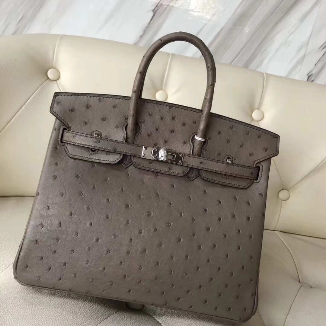 Hermès(爱马仕)Birkin25cm ostrich kk鸵鸟 顶级鸵鸟皮 ck18大象灰 蜡线全手工 银扣-拉尔森鳄鱼皮具定制 - 爱马仕包包官网 Hermès(爱马仕)Birkin25cm ostrich kk鸵鸟 顶级鸵鸟皮 ck18大象灰 蜡线全手工 银扣