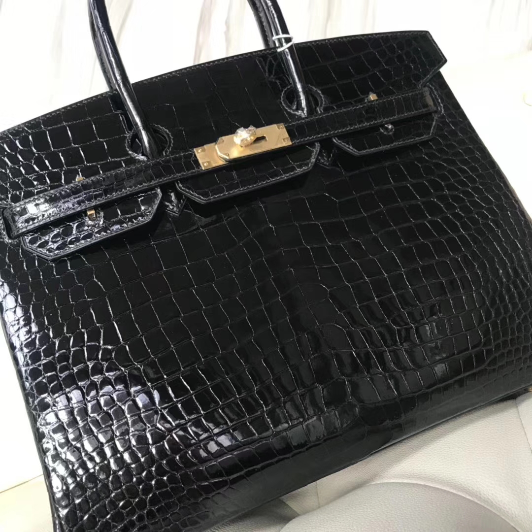 Hermès（爱马仕）Birkin35cm Porosus shiny 亮面澳洲湾鳄 ck89 黑色 金扣