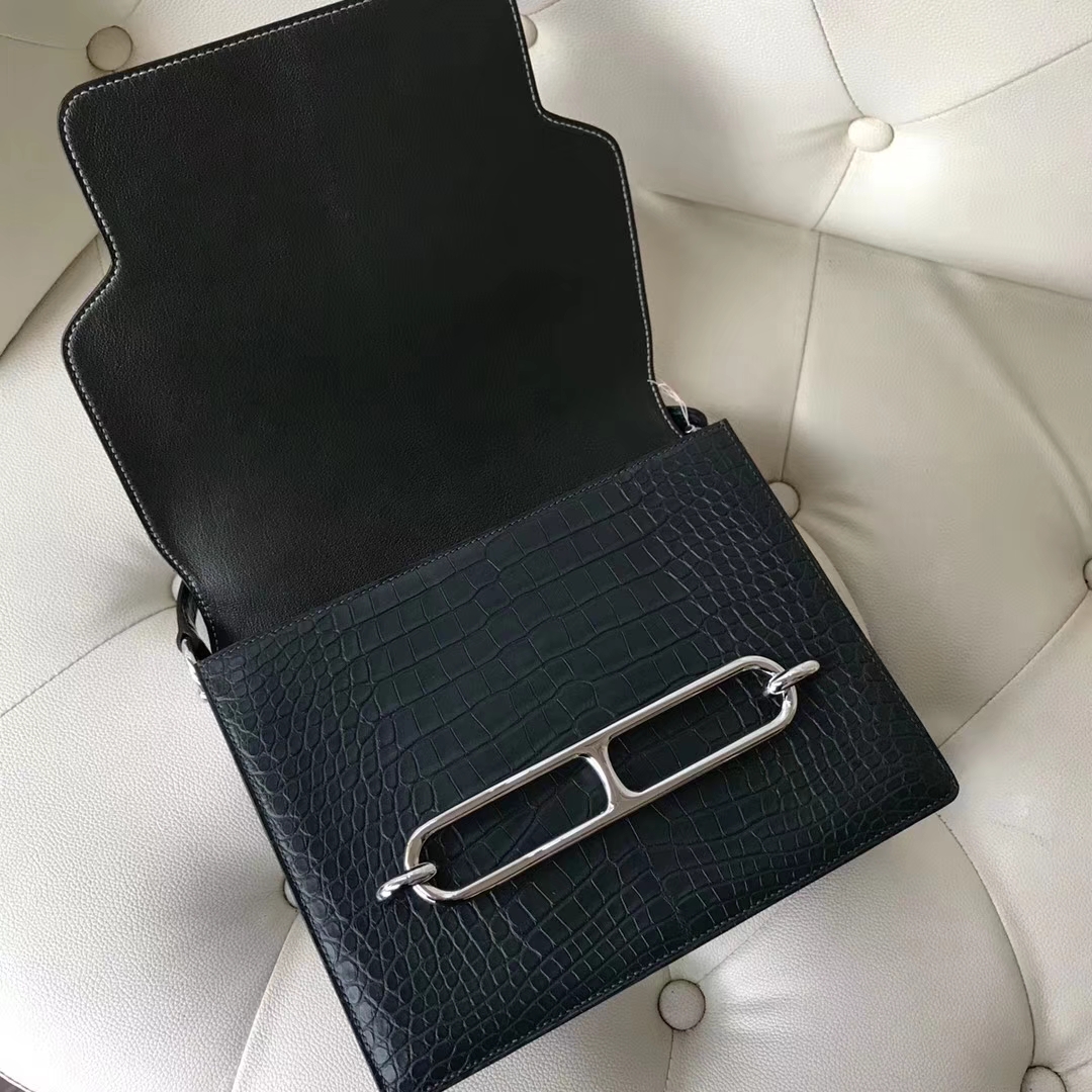 Hermès（爱马仕）Roulis 23cm 01自然色蜥蜴 拼 1T 泰坦绿 雾面框框鳄鱼 银扣