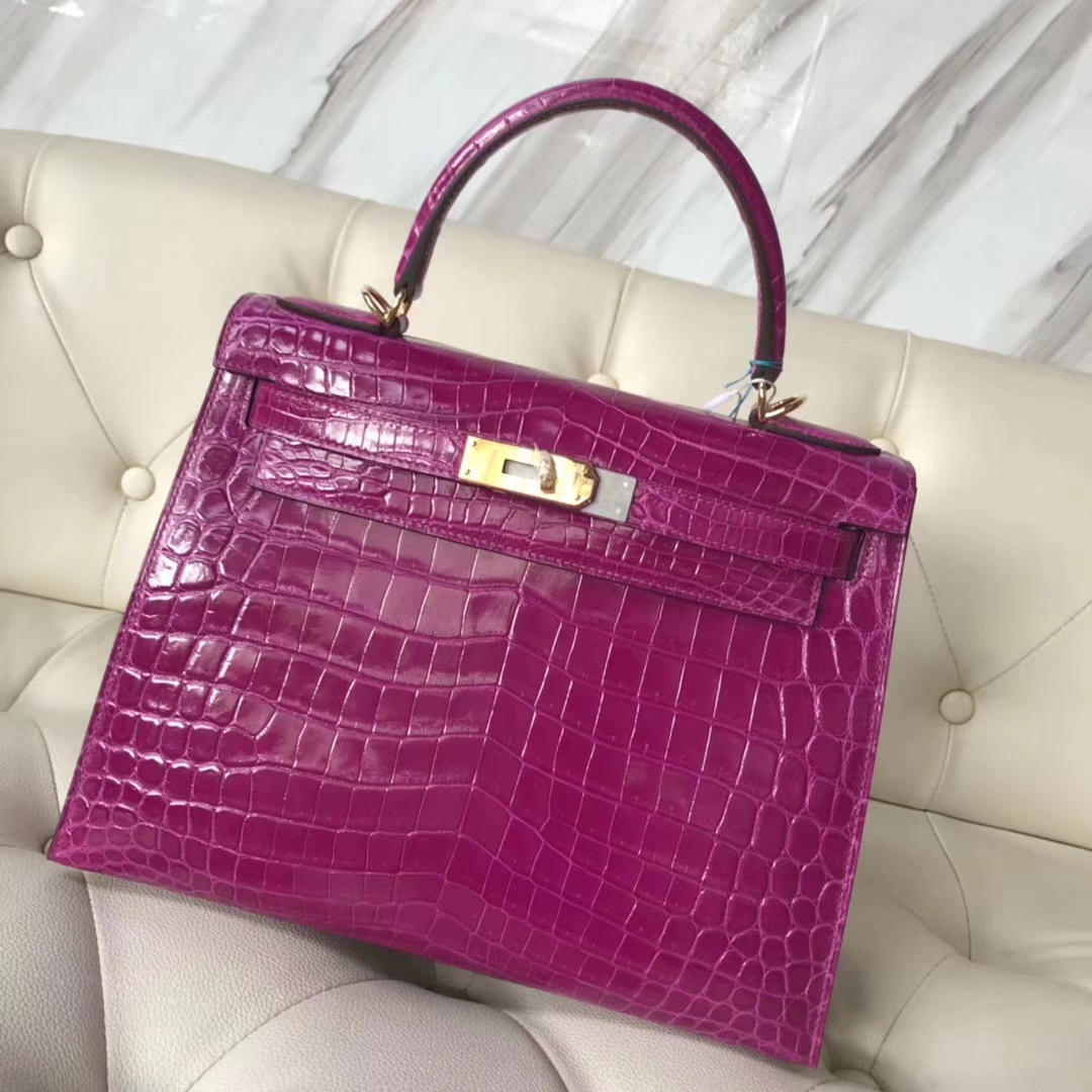 Hermès(爱马仕)Kelly28cm Crocodile shiny 亮面两点鳄鱼 J5 天方夜谭粉紫 金扣-拉尔森鳄鱼皮具定制 - 爱马仕包包官网 Hermès(爱马仕)Kelly28cm Crocodile shiny 亮面两点鳄鱼 J5 天方夜谭粉紫 金扣