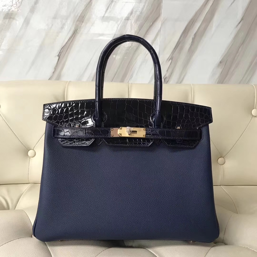 Hermès（爱马仕）Birkin30cm togo ck37宝石蓝拼亮面鳄鱼 ck78深海蓝 顶级工艺 蜡线全手工 玫瑰金